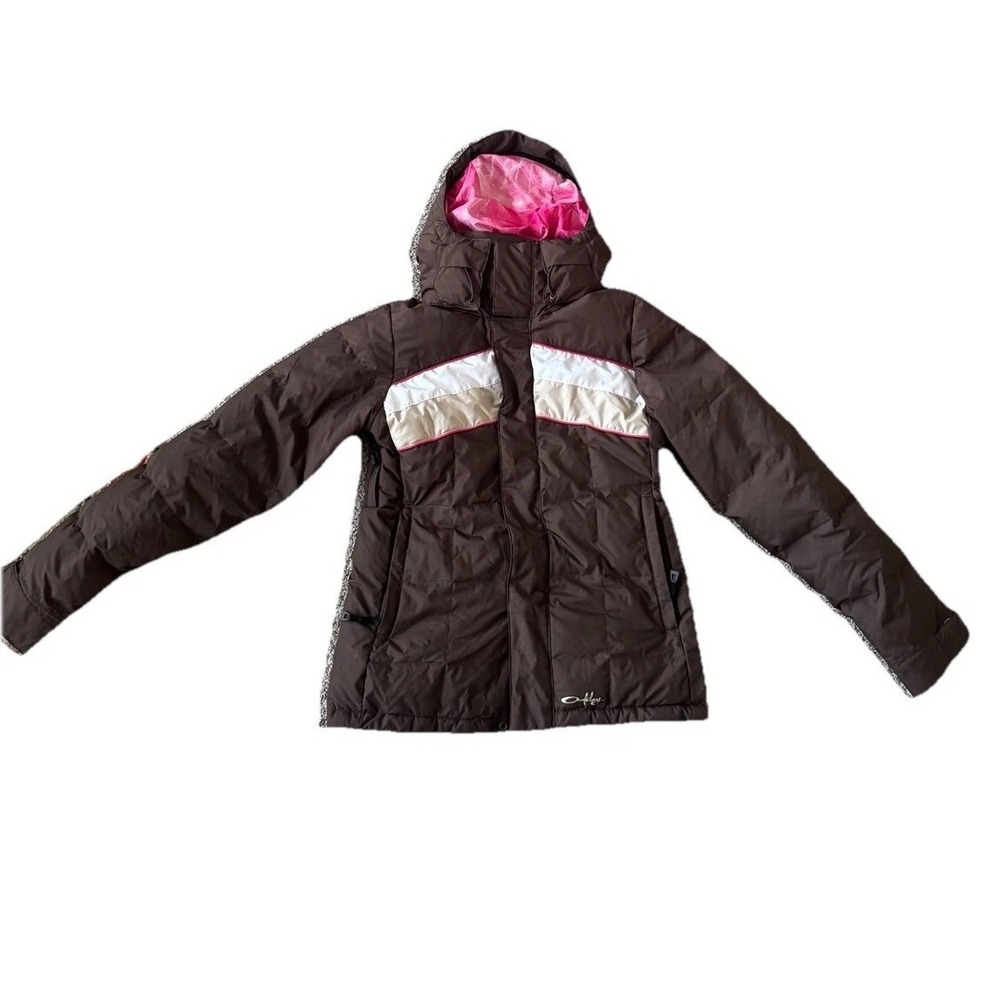 Oakley Women's Full Zip Ski Snowboard Jacket Brown Pink Small Down Puffer Coat